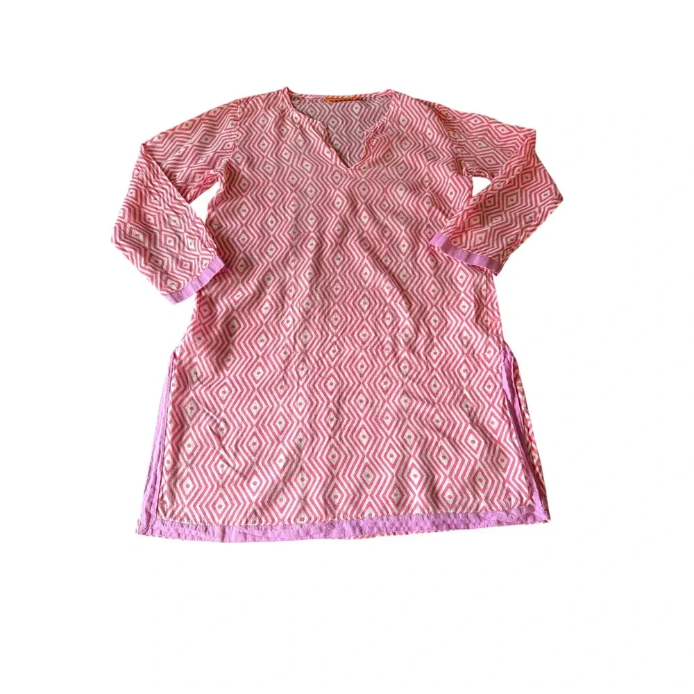 Oliphant Tunic Top Pink Geometric Diamond Print Cotton XS Long Sleeve Notch Neck